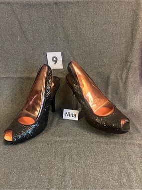 Nina Black Glitter Peep-Toe Slingback Heels